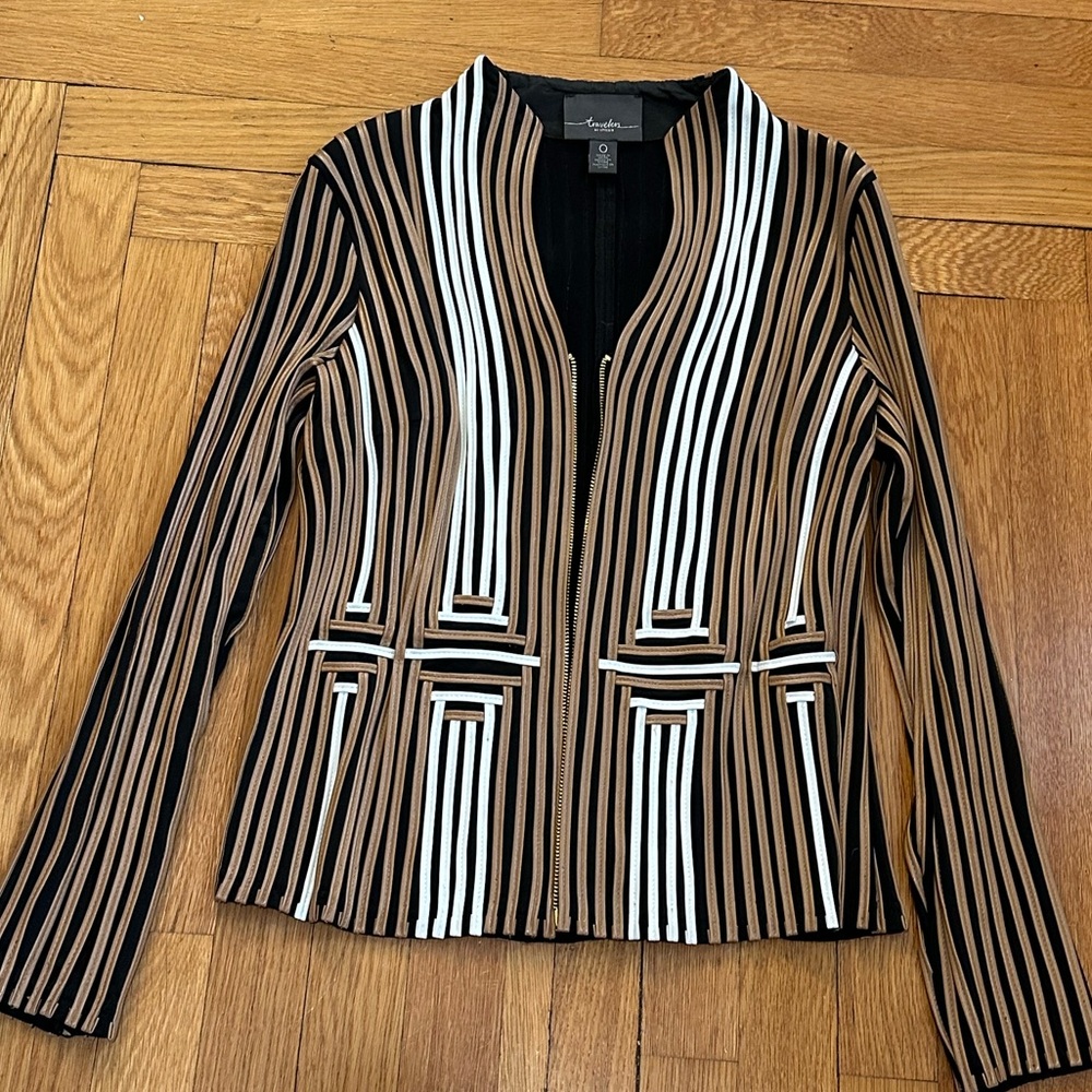 Chico's Black and Brown Striped Faux Leather Blazer minimalist contemporary